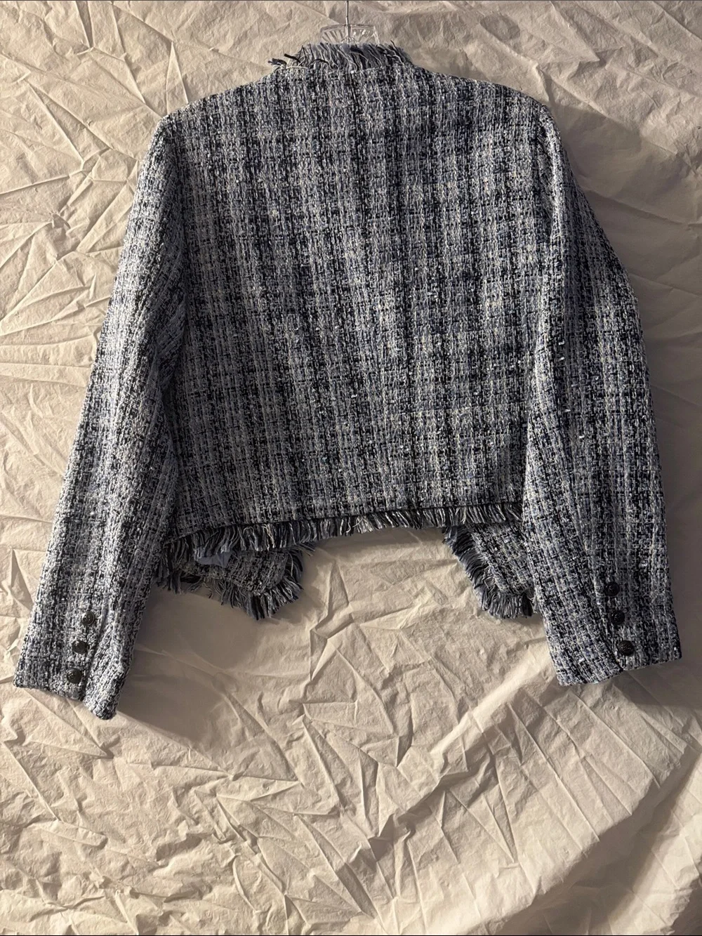 VICI Navy & White Tweed Cottagecore Frayed-Trim Cropped Blazer